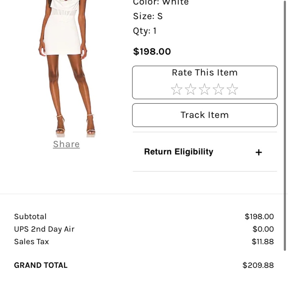 Conner Mini Dress
NBD
Revolve 
Color: White
Size: S
Qty: 1